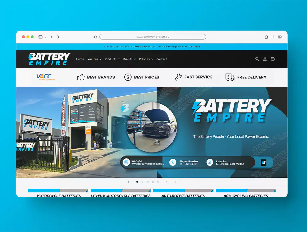 A full-page browser mockup developed by Digital Dividend for the Executive Summary of battery-empire, displaying the homepage of an Australian battery retailer.