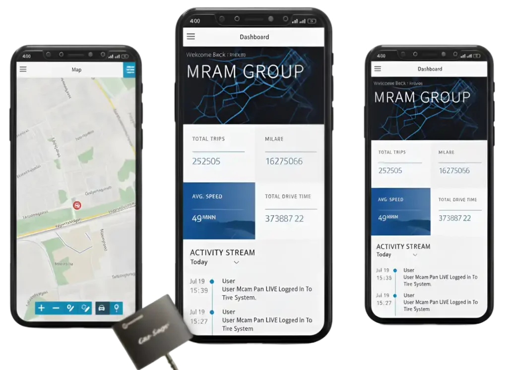 Screenshots of the Accessor Telematics &ndash; Vehicle Tracking & Fleet Monitoring App showing live maps, trip statistics, speed insights, and activity logs, developed by Digital Dividend.