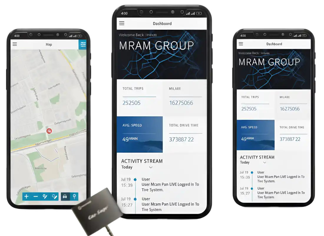 Screenshots of the Accessor Telematics – Vehicle Tracking & Fleet Monitoring App showing live maps, trip statistics, speed insights, and activity logs, developed by Digital Dividend.
