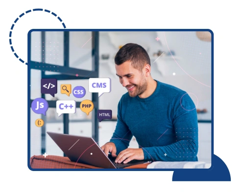 Development of Custom PHP Web Applications by Digital Dividend – a developer working on a laptop with icons for PHP, HTML, CSS, JavaScript and CMS tools.