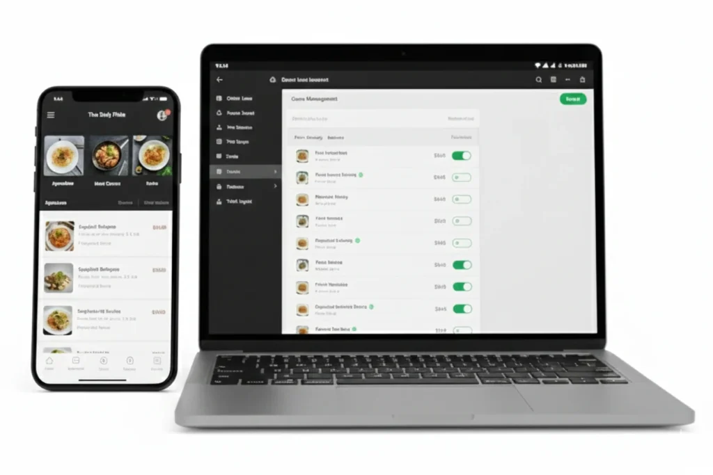 Digital Dividend showcasing a Digital Restaurant Menu Management System &ndash; Centralized Digital Menu Platform on a laptop and a smartphone, displaying the menu editing dashboard and the customer-facing mobile menu interface.