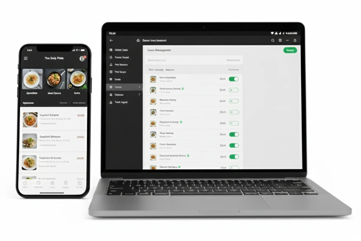 Digital Dividend showcasing a Digital Restaurant Menu Management System – Centralized Digital Menu Platform on a laptop and a smartphone, displaying the menu editing dashboard and the customer-facing mobile menu interface.