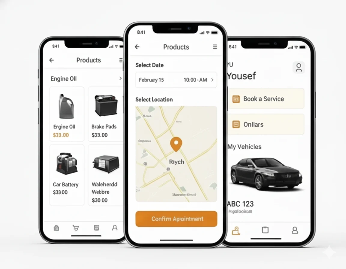 Digital Dividend demonstration of the Improved Automotive Ordering System for Products & Services mobile app across three smartphones, showing screens for product catalog, service booking with map selection, and user profile with vehicle management.