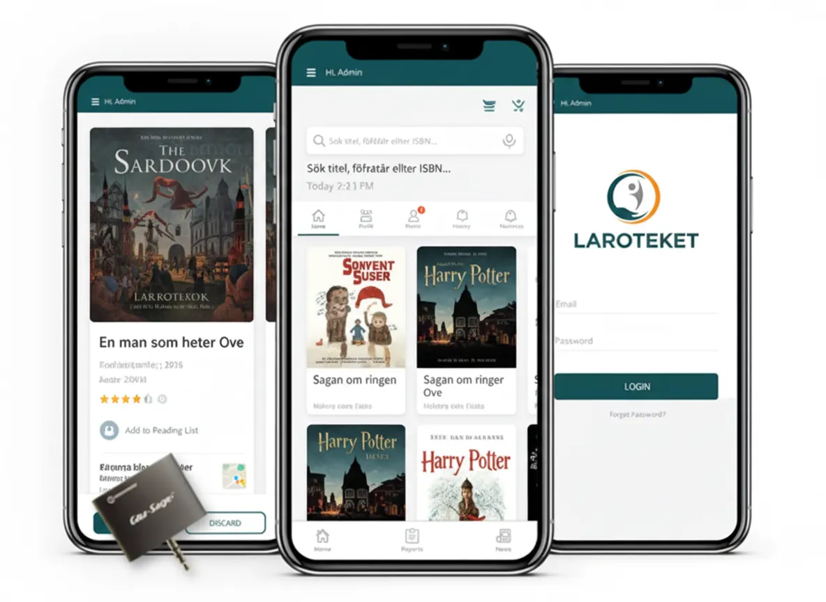Digital Dividend showcase of a mobile application interface for a Laroteket &ndash; Classroom Text Management Platform, displayed across three smartphones.