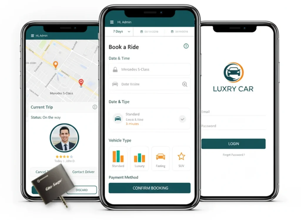 Digital Dividend showcase of a Limousine Car Services &ndash; Online Ordering System displayed across three smartphones, featuring screens for live map tracking, ride booking, and user login for luxury car services.