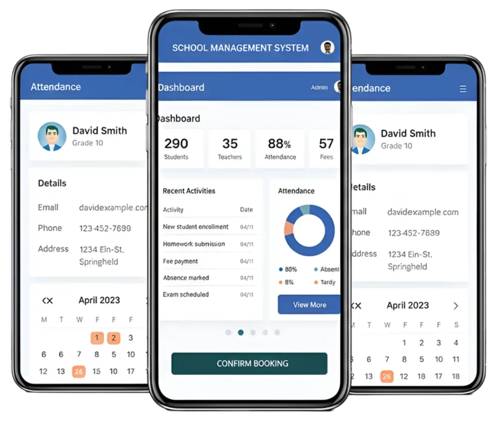 School Management System &ndash; Digital Academic Management Platform by Digital Dividend, showcasing a mobile dashboard for student attendance, teacher management, fees tracking, and academic activity monitoring.