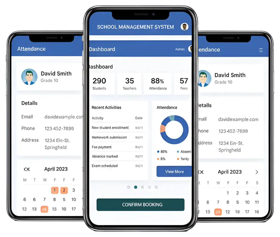 School Management System &ndash; Digital Academic Management Platform by Digital Dividend, showcasing a mobile dashboard for student attendance, teacher management, fees tracking, and academic activity monitoring.