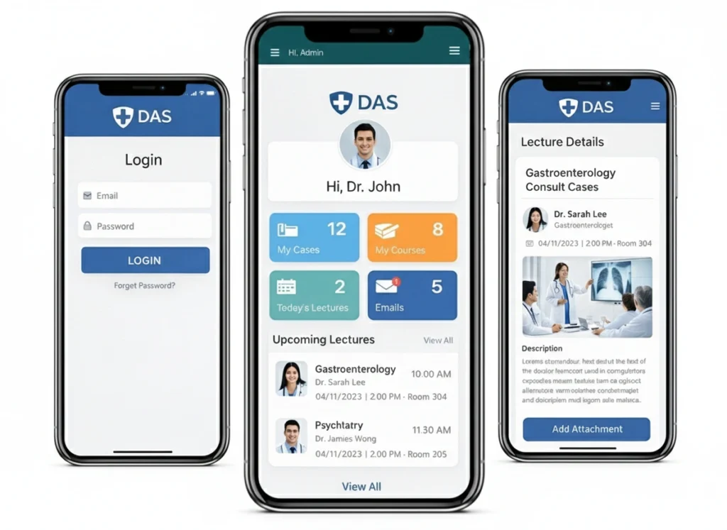 Three smartphone mockups showing the UI design of DAS &ndash; Doctors Academic Services Platform by Digital Dividend, including user profiles and medical course details.