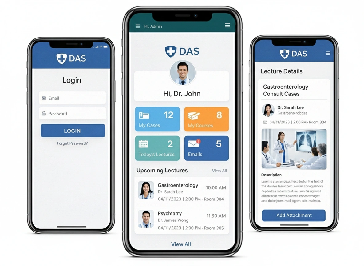 Three smartphone mockups showing the UI design of DAS – Doctors Academic Services Platform by Digital Dividend, including user profiles and medical course details.