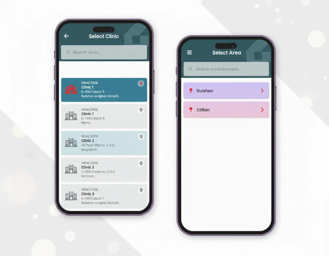 A professional mobile app interface developed by Digital Dividend for Platinum Pharma, showcasing clinic location and region-based ordering to address challenge in pharmaceutical distribution.