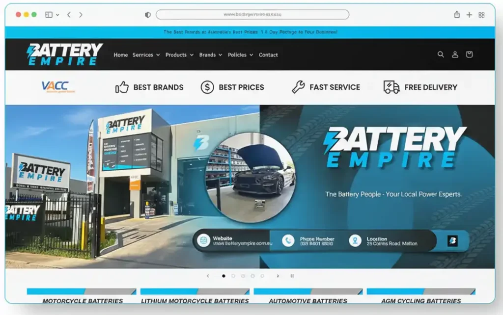 A full-page browser mockup developed by Digital Dividend for the Executive Summary of battery-empire, displaying the homepage of an Australian battery retailer.