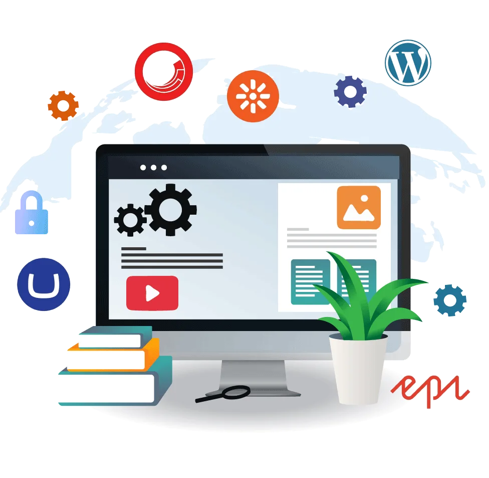 A professional illustration for CMS Development Services by Digital Dividend, showing a computer monitor surrounded by logos for WordPress, security, and global web management.