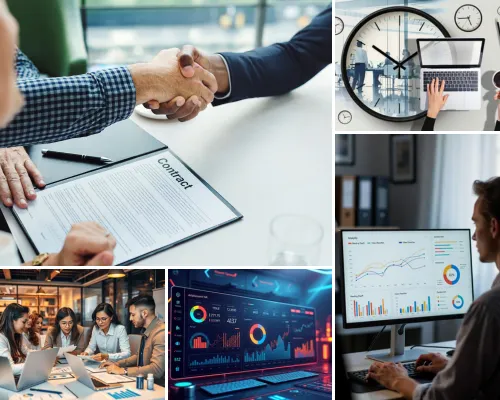 A professional business collage featuring a handshake over a contract, a team of developers working in a modern office, and high-tech data visualization screens by Digital Dividend.
