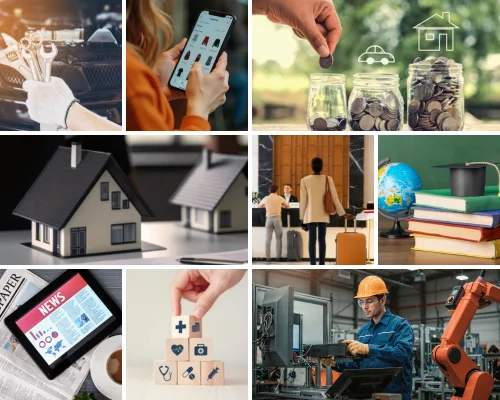 A professional grid layout illustrating the various Industries Supported by Digital Dividend CMS Solutions, such as manufacturing, news, finance, and medical sectors by Digital Dividend.