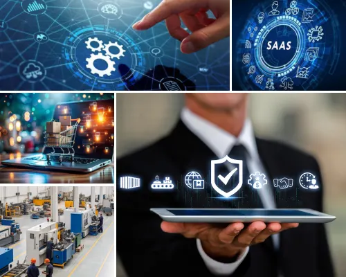 A professional business collage for Digital Dividend showcasing diverse sectors including software as a service, retail shopping carts, and heavy machinery production.