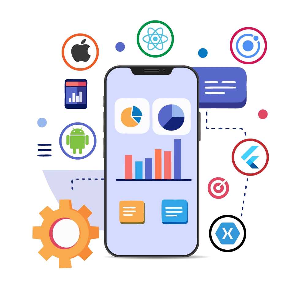 A central smartphone showing colorful charts and graphs, flanked by various cross-platform technology logos representing the mobile app development services of Digital Dividend.