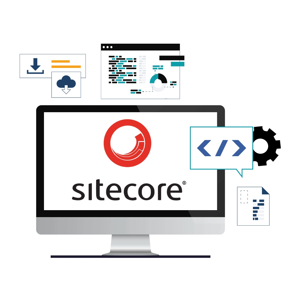 A professional illustration for Digital Dividend featuring a computer screen with the Sitecore brand, cloud integration symbols, and a gear icon representing backend development.