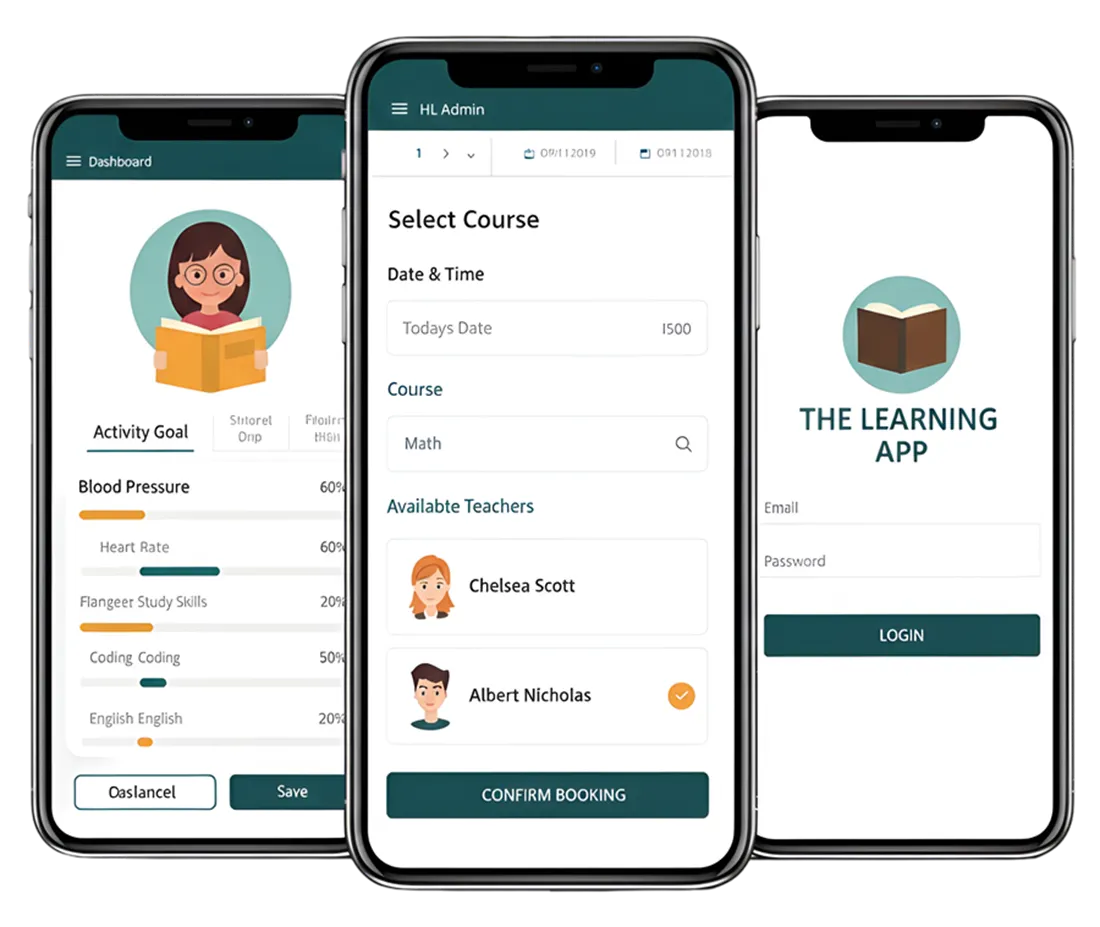 Three smartphones displaying different screens of The Learning App &mdash; CMS-Enabled Digital Learning Portal by Digital Dividend, including a login page, course booking interface, and student progress goals.
