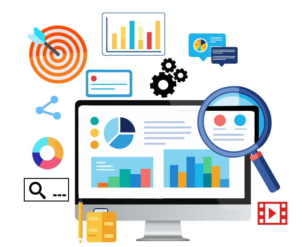 A professional illustration for Digital Dividend showcasing Data & Analytics Services with a central computer screen featuring data dashboards, a magnifying glass for insights, and a bullseye target for performance tracking.