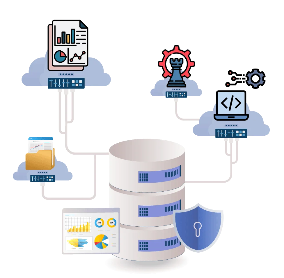 A professional illustration for Digital Dividend showcasing Data Engineering Services with a protected data silo linked to cloud-based analytics, file storage, and software development symbols.