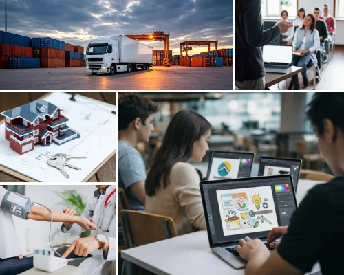 A five-panel collage illustrating What industries use augmented reality app development by Digital Dividend. The collage highlights diverse market applications: the top-left panel shows a logistics shipping yard with a white semi-truck and cargo containers; the top-right shows a speaker presenting to an audience in an education or training seminar; the middle-left depicts a real estate architectural blueprint featuring a mini house model and keys; the bottom-left shows a healthcare setting with a doctor checking a patient's blood pressure; and the large right panel captures creative designers working on graphics and app layouts on laptops in a modern tech office environment.