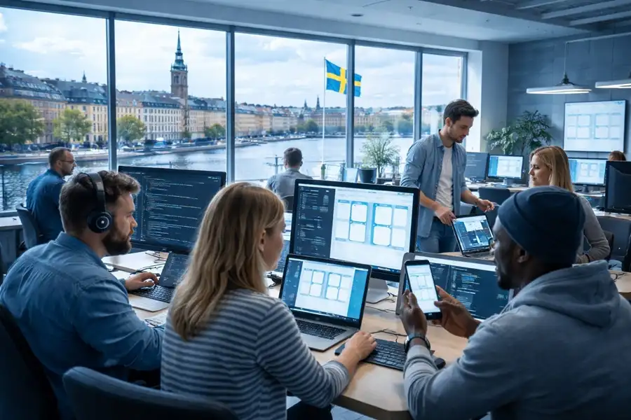 A professional workspace showing digital-dividend.com developers working on complex coding, UI/UX design, and mobile app development across multiple monitors and devices.