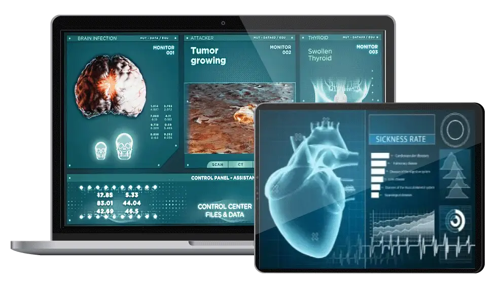 Digital Dividend&rsquo;s Electronic Health Record (EHR) software development, showcasing diagnostic tools, medical imaging analysis, and patient data management across desktop and mobile devices.
