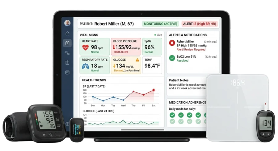 A professional case study banner for Digital Dividend titled "Executive Summary - Remote Patient Monitoring System Case Study," showcasing an RPM dashboard for patient "Robert Miller" alongside a blood pressure monitor, pulse oximeter, and smart scale.