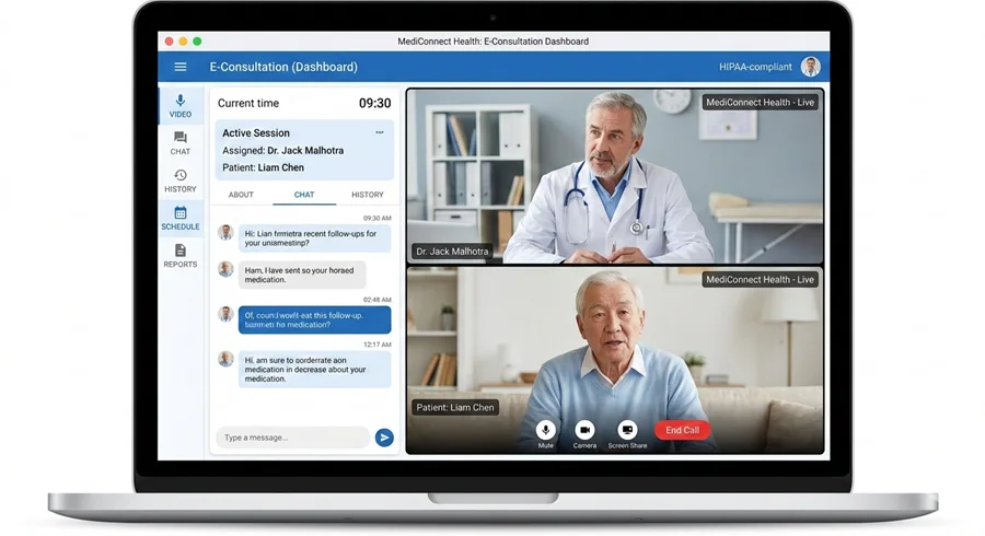 A professional case study banner for Digital Dividend titled "Executive Summary - Telemedicine Platform Case Study," featuring a high-fidelity desktop interface for "MediConnect Health" with integrated chat and video consultation features.