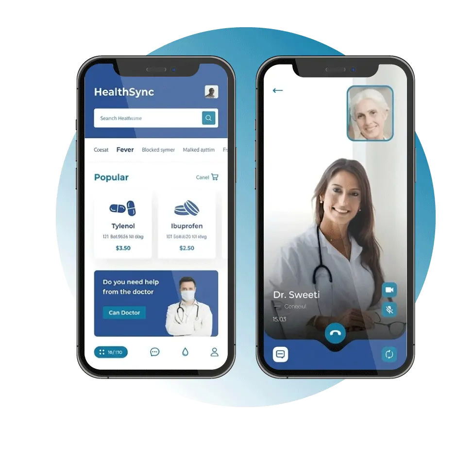 Digital Dividend&rsquo;s FitCare mobile health app interface, featuring an integrated online pharmacy for medication management and a secure video call portal for doctor-patient consultations.