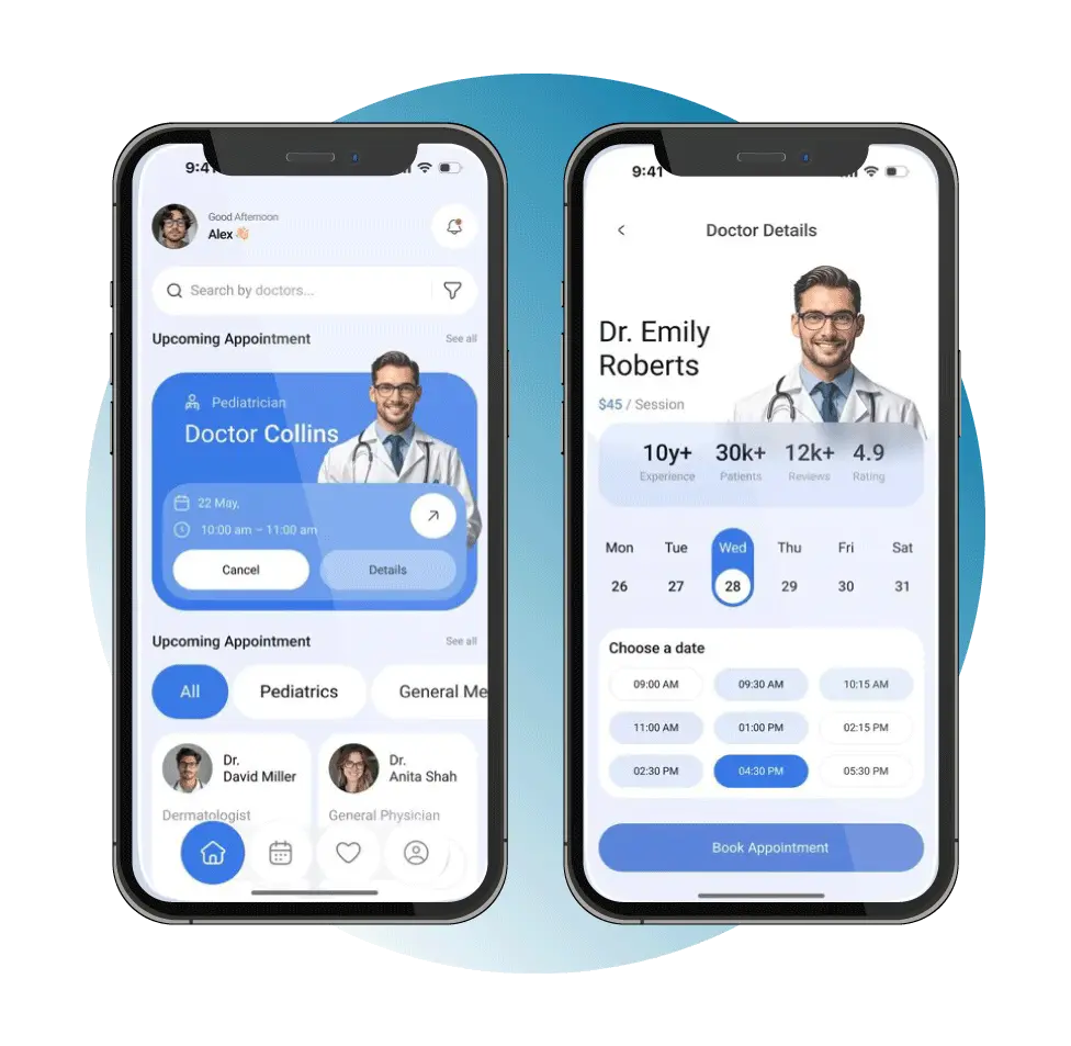Digital Dividend&rsquo;s HealthSync platform: a healthcare SaaS mobile app interface showing doctor search results, appointment scheduling, and detailed provider profiles for medical practices.