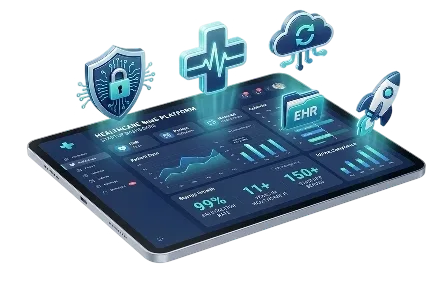 Digital Dividend&rsquo;s healthcare SaaS startup dashboard featuring integrated EHR management, secure cloud data storage, and patient analytics on a high-tech tablet interface.