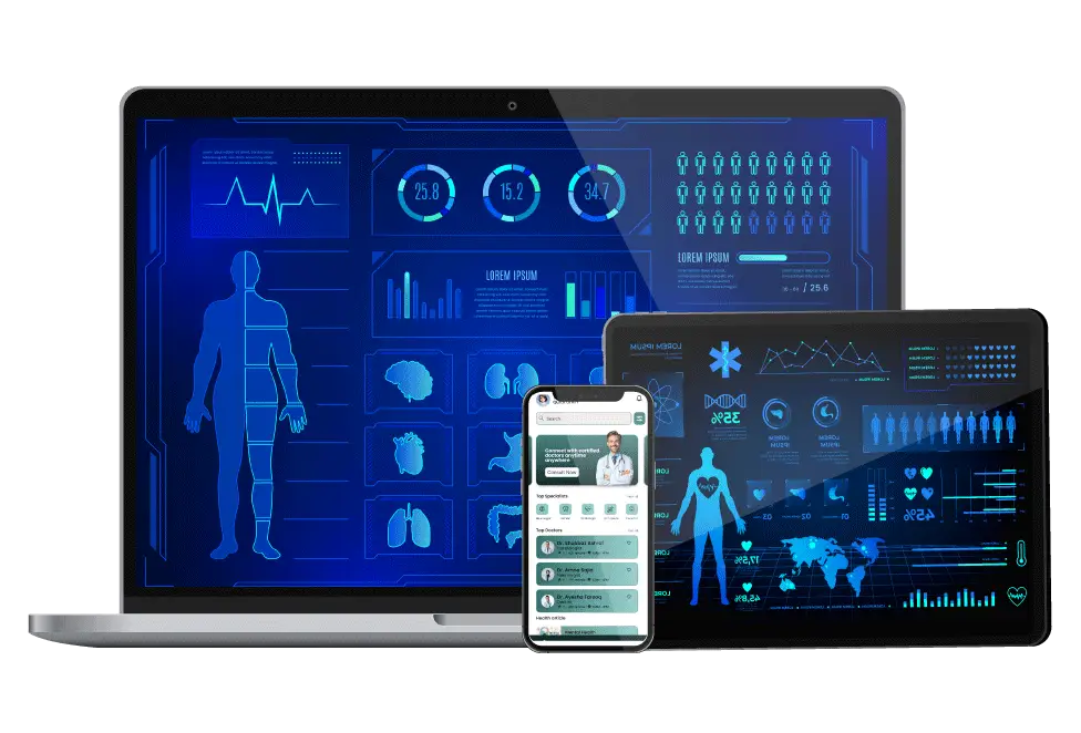 A professional digital display for Digital Dividend titled "Healthcare Software Development" featuring cross-platform medical apps with human anatomy diagrams and diagnostic data.
