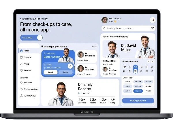 A professional case study showcase for Digital Dividend titled "Outcome - HealthSync Case Study," featuring mobile UI designs for health monitoring, specialist discovery, and consultation booking.