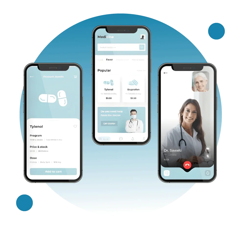Digital Dividend&rsquo;s telemedicine app development for startups, featuring pharmacy integration, doctor search, and secure video conferencing capabilities on mobile devices.