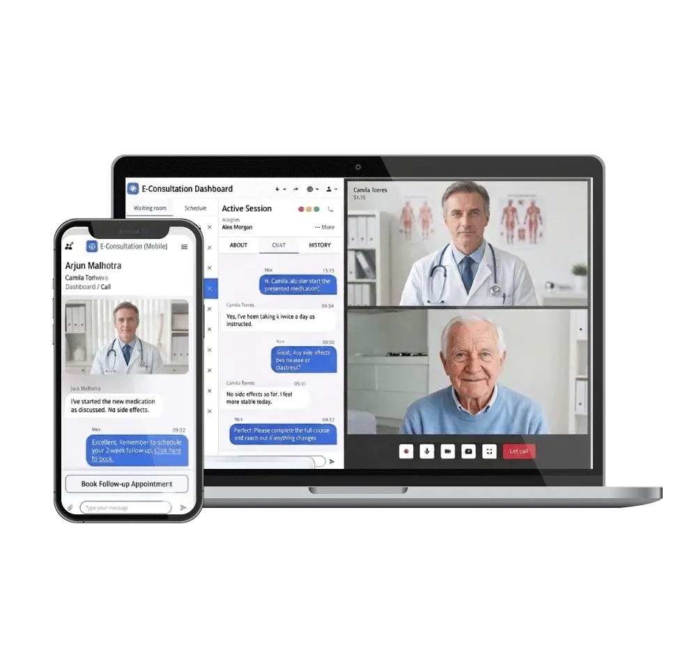 MediConnect Health telemedicine platform by Digital Dividend showing a dual-view interface for video calls and patient-doctor chat on a laptop and mobile device.
