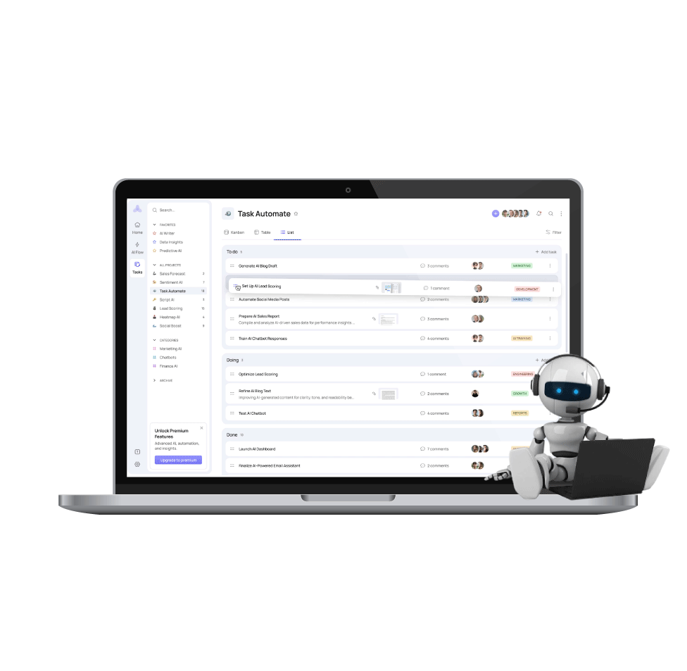 A high-tech digital illustration for AI Agent Development Services, depicting a glowing AI interface and a list of advantages provided by Digital Dividend, including cost efficiency and multilingual support.