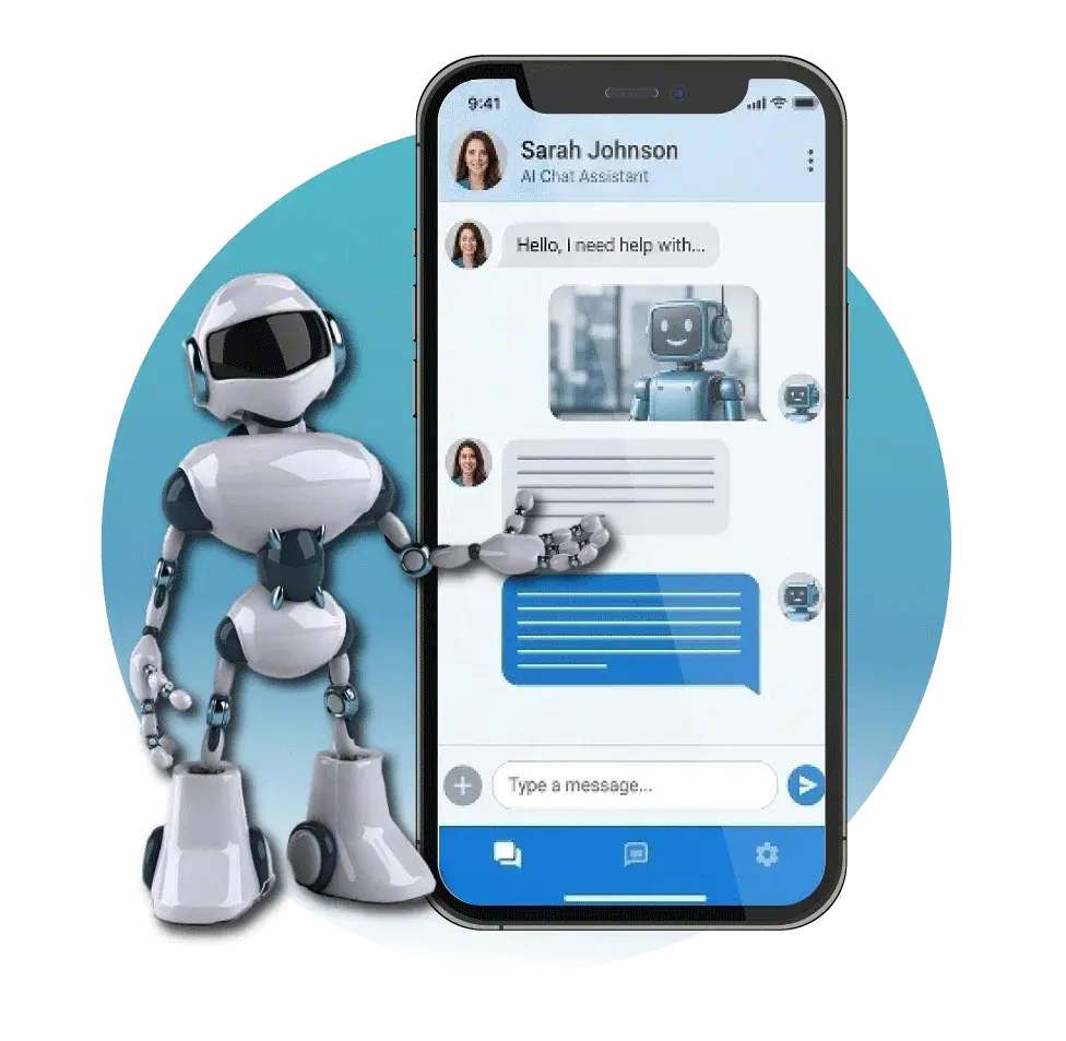 A digital illustration of a friendly AI robot standing next to a smartphone screen displaying a chat conversation, representing the AI Customer Support Platform for SupportSync AI by Digital Dividend.