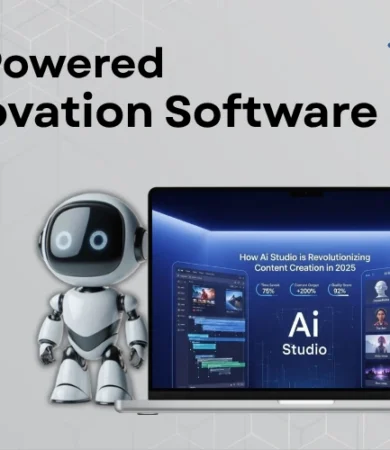A digital illustration showing a small white robot standing beside an open laptop, highlighting Digital Dividend's AI-Powered Innovation Software which improves content output, quality scores, and saves time.