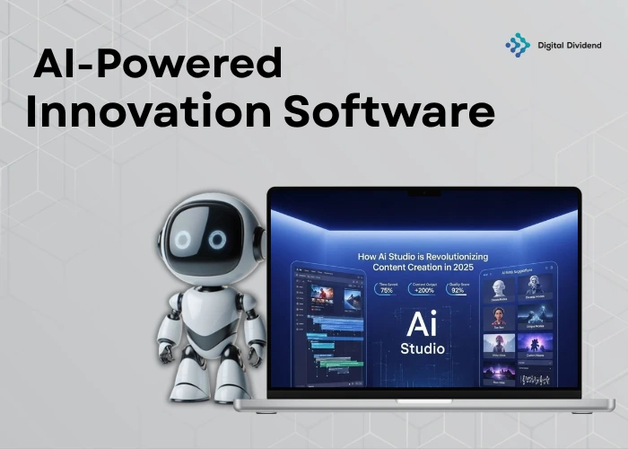 A digital illustration showing a small white robot standing beside an open laptop, highlighting Digital Dividend's AI-Powered Innovation Software which improves content output, quality scores, and saves time.