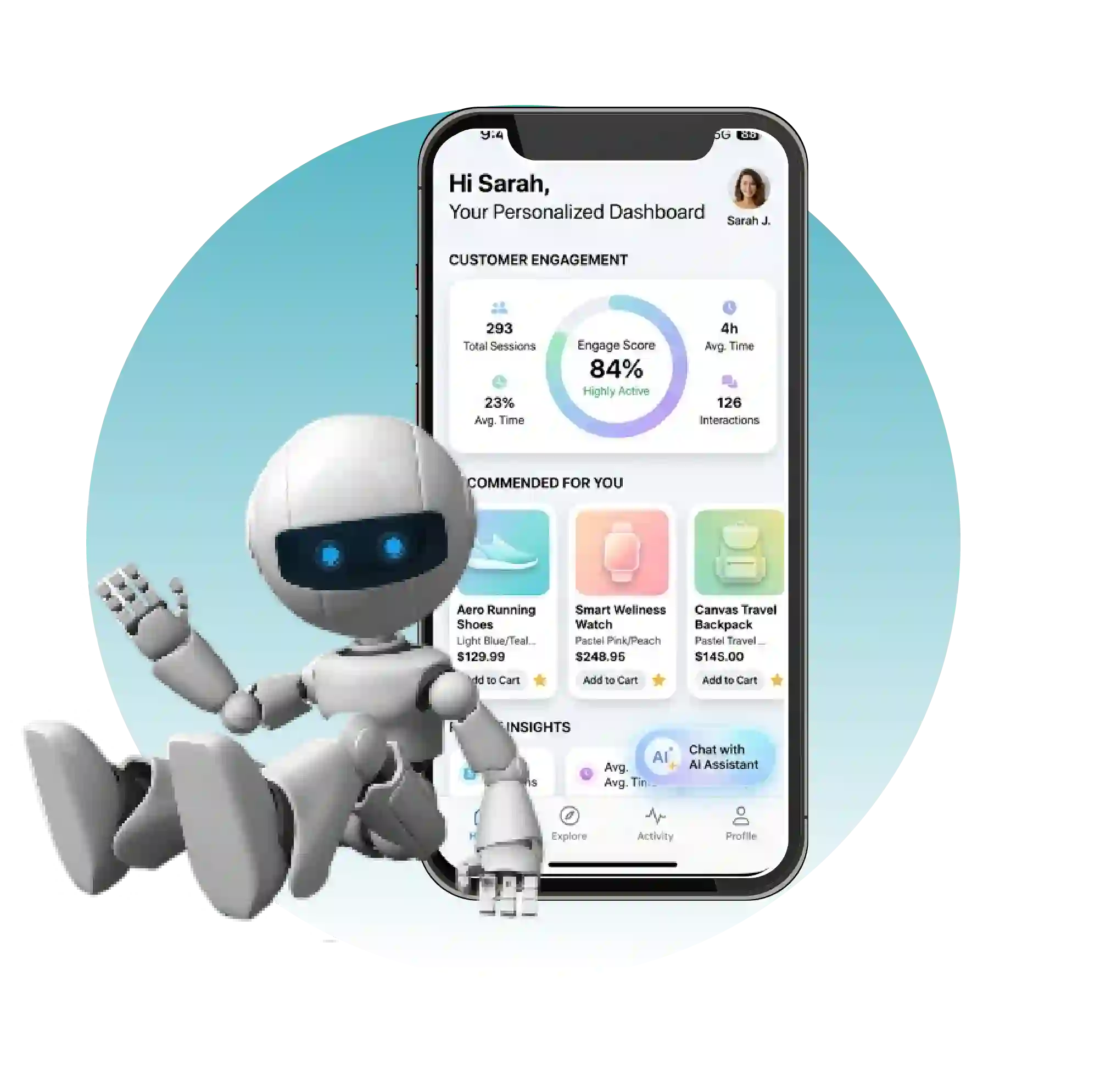 A digital illustration featuring a friendly robot beside a smartphone screen displaying a customer engagement dashboard, highlighting how Digital Dividend utilizes AI in Operations Predictive Automation for Business Growth to personalize user experiences.