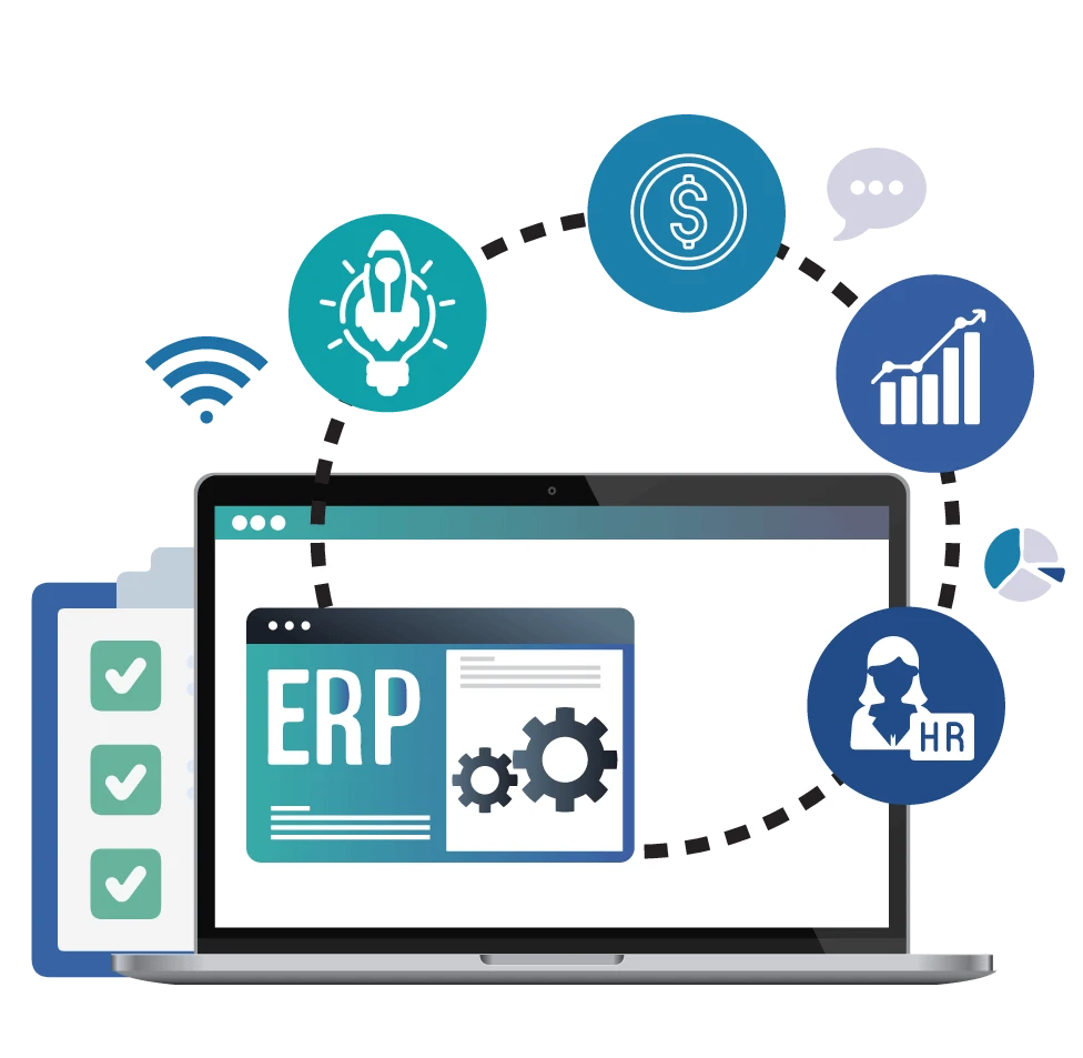 A laptop screen displaying an ERP dashboard with gears, connected to various business icons representing Digital Dividend&rsquo;s comprehensive ERP Software Development Services.