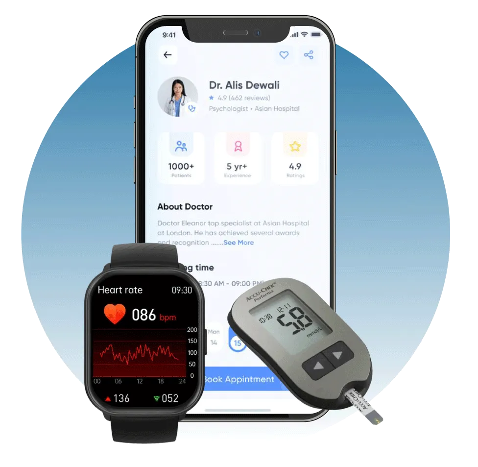 A professional UI/UX showcase for Digital Dividend titled "Executive Summary - CareTrack Case Study," featuring a telemedicine app for booking appointments and remote patient monitoring tools.