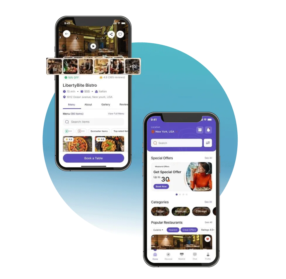 Digital Dividend mockup for the Ember & Oak Dining Group app, featuring mobile interfaces for restaurant reservations and discovery. The display includes high-quality restaurant photography, localized search features for New York, and a streamlined booking system with a modern purple and white color palette.