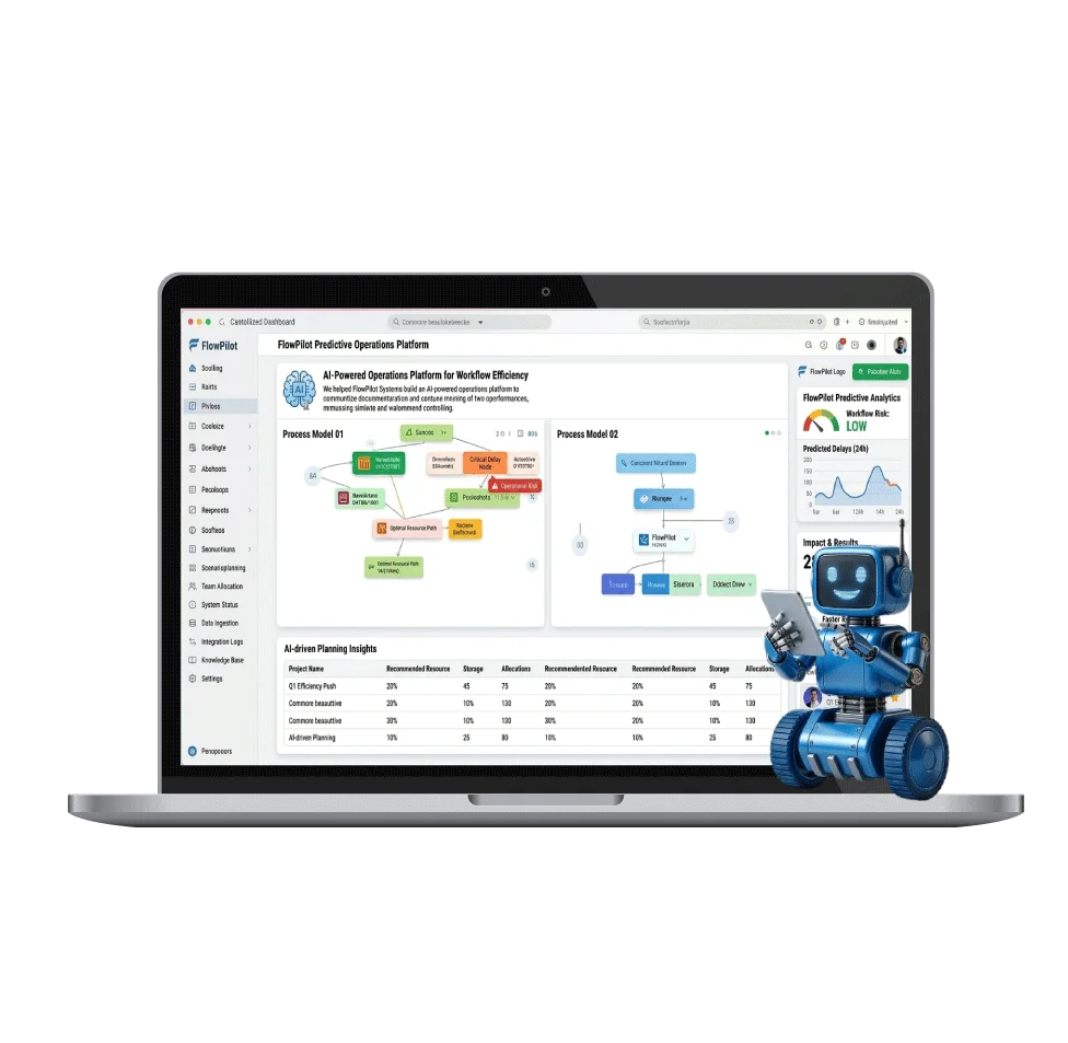 A laptop screen displaying a detailed Executive Summary for the FlowPilot Systems Case Study, showcasing workflow efficiency metrics and AI insights engineered by Digital Dividend.