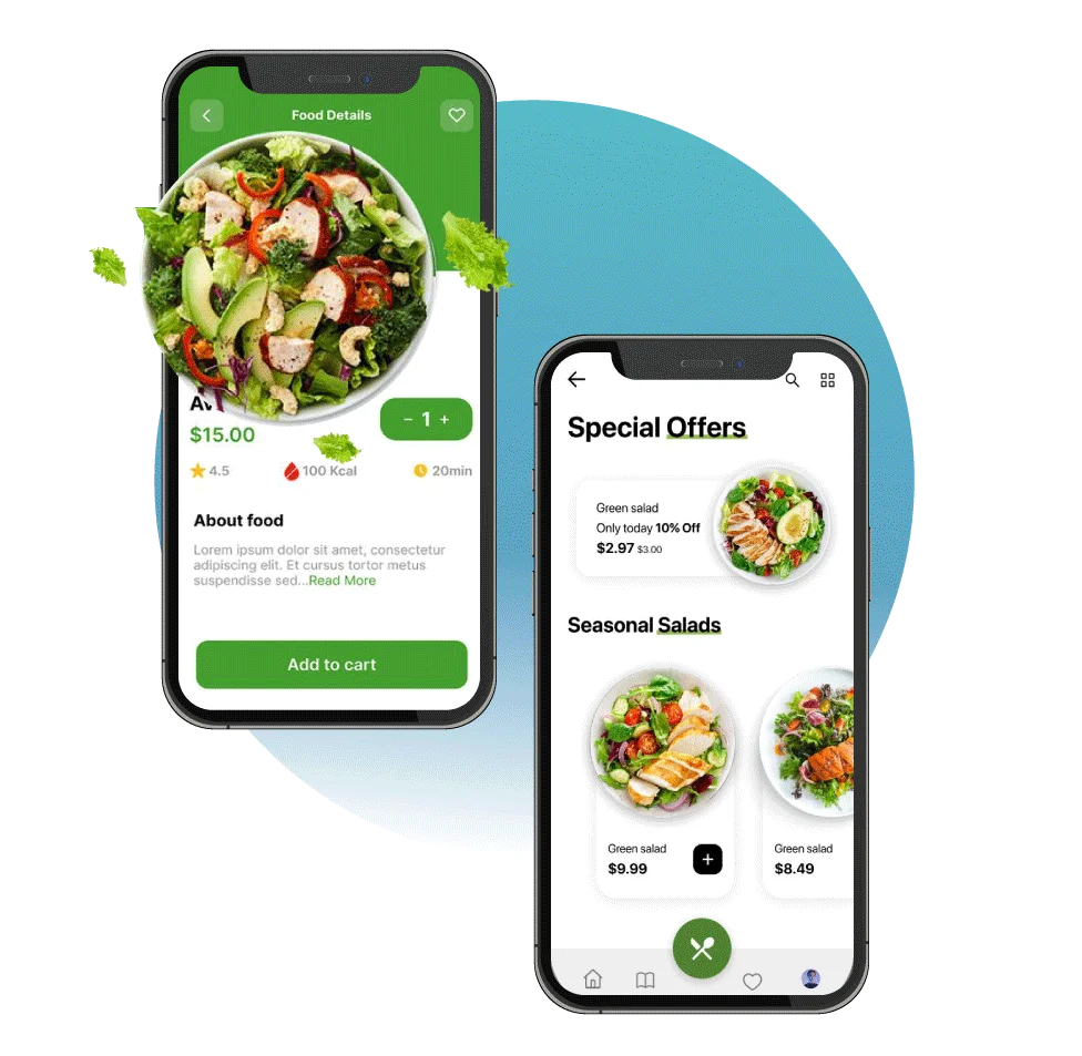 Digital Dividend mockup showing a healthy restaurant ordering app for Harvest Bowl Co.. The display features mobile screens for detailed food profiles and a special offers menu, showcasing a clean, green-themed interface with 3D food elements.