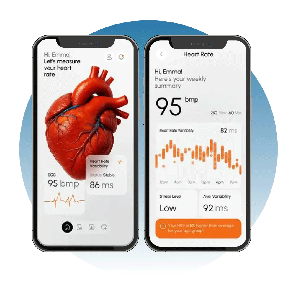 Digital Dividend mockup showing two smartphone screens for the HealthAxis medical platform, featuring a realistic human heart graphic with active ECG readings and a data-driven weekly heart rate variability dashboard.