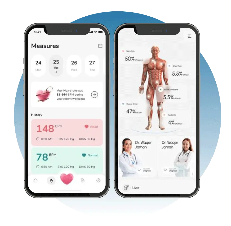 Digital Dividend mockup displaying the PulseNova mobile UI on two smartphone screens, featuring a health history dashboard alongside a detailed 3D anatomical pain mapping interface and doctor profile listings.