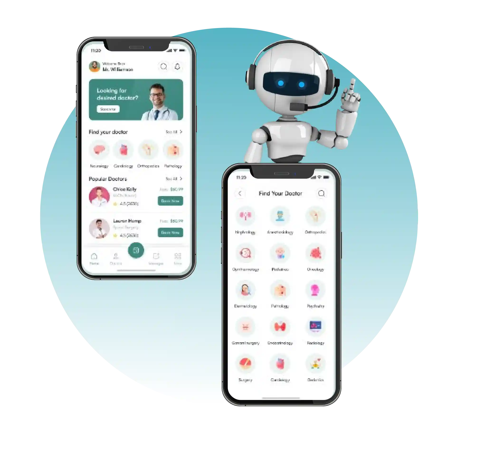 A 3D robot character standing next to two smartphones displaying a healthcare app interface for finding doctors and selecting medical specialties, representing digital health solutions by Digital Dividend.