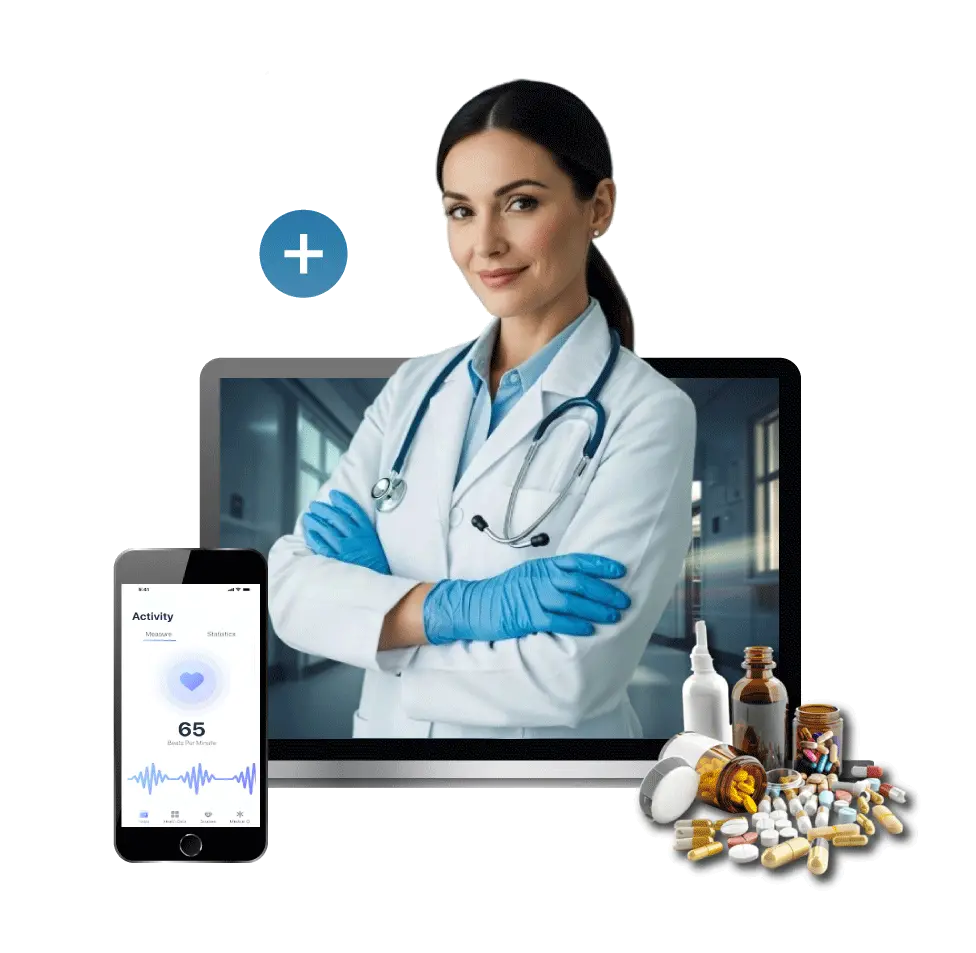 Digital Dividend mockup showing a doctor stepping out of a laptop screen next to a smartphone displaying heart rate data and a pile of medical prescriptions, representing remote medical consultation and health tech platform development.